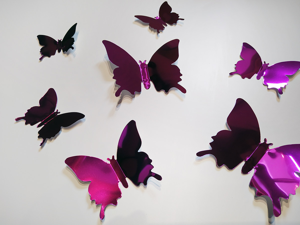 3D dekorace motýli metalická růžová, 3D samolepky na zeď motýli metalická růžová, 3D nálepky na zeď motýlci metalická růžová, 3D dekorace na stěnu motýlci metalická růžová