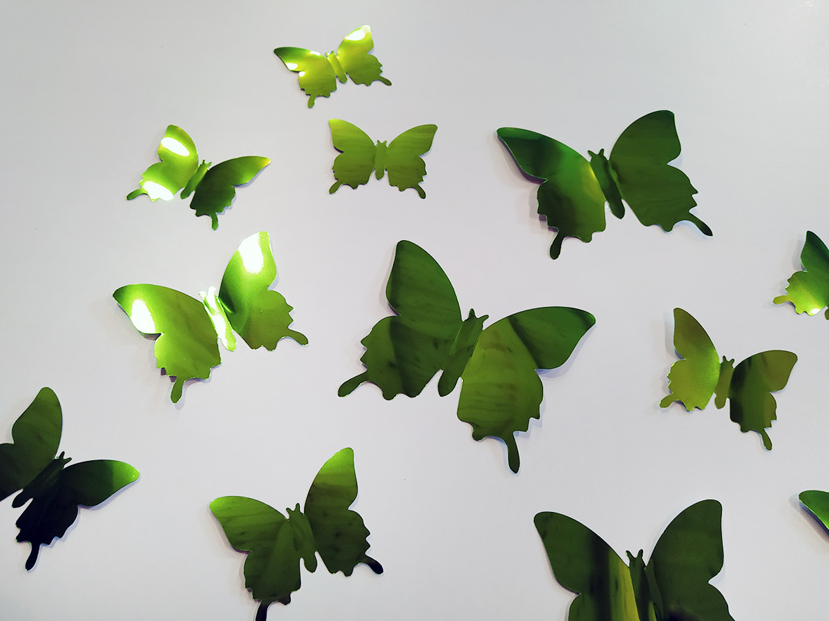 3D dekorace motýli metalická zelená, 3D samolepky na zeď motýli metalická zelená, 3D nálepky na zeď motýlci metalická zelená, 3D dekorace na stěnu motýlci metalická zelená