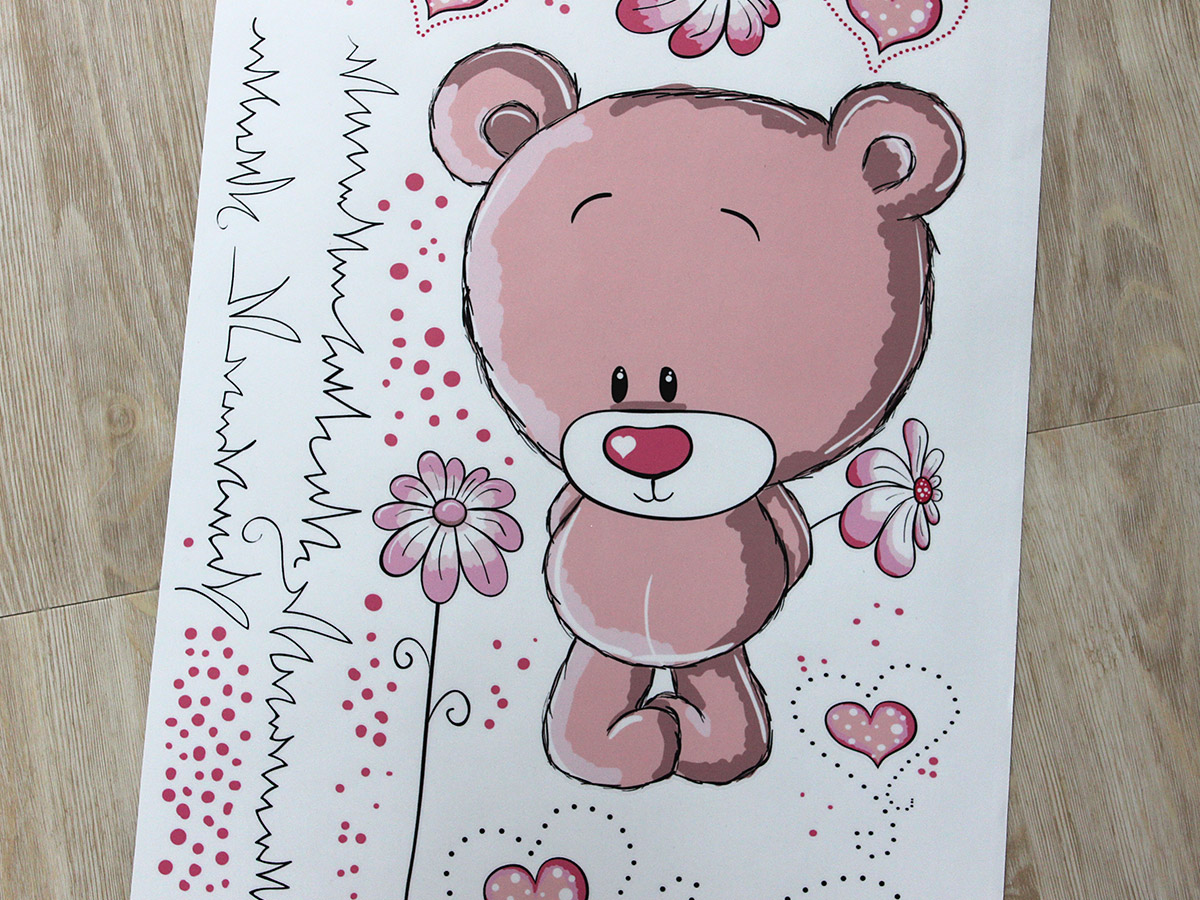 Růžový medvídek samolepky na zeď, Růžový medvídek nálepky na zeď pro děti, Růžový medvídek dětské dekorace na zeď, Růžový medvídek samolepící nálepky na zeď